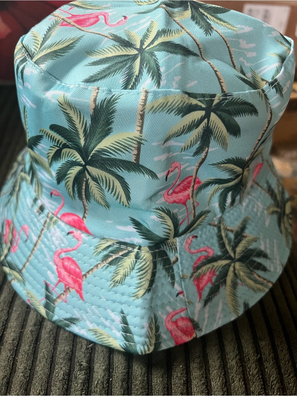 Tropical Flamingo Print Bucket Hat - Aqua Pink with a Reversible feature